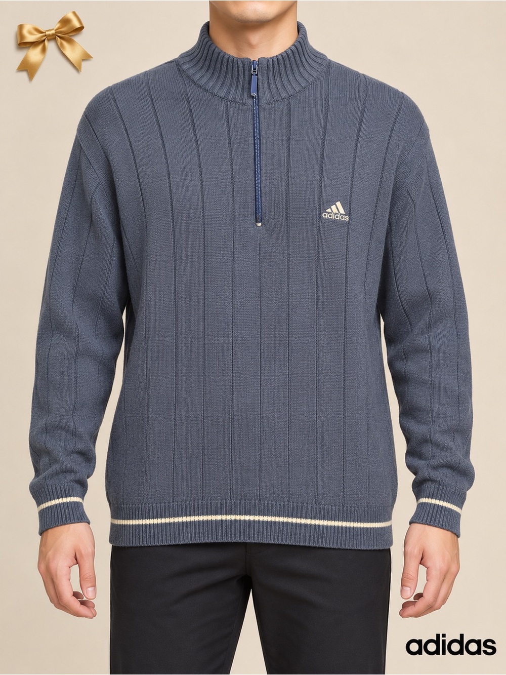 Adidas Blue Ribbed Quarter Zip Mock Neck Sweater Asian Large